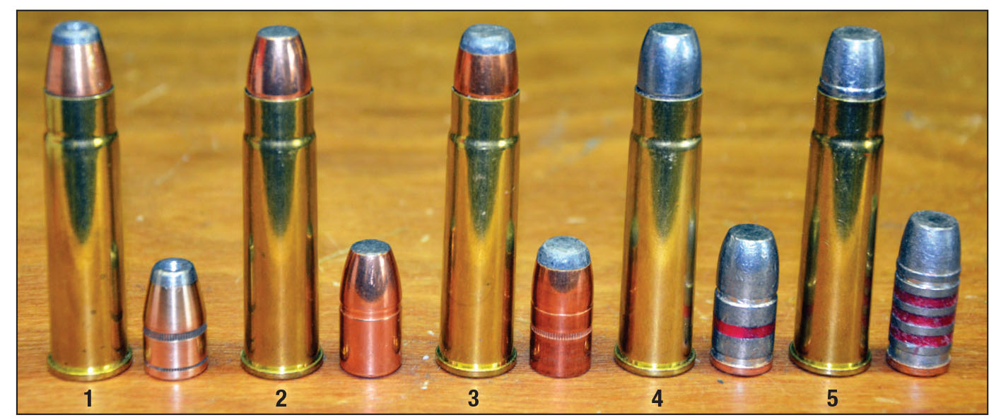 When loaded with the right bullet, the 450 Alaskan handles game ranging in size from whitetail deer to Alaskan brown bear at reasonable distances. (1) 300-grain Hornady HP, (2) 350-grain RNFP w/gc Swift A-Frame, (3) 400-grain Speer FNSP, (4) 405-grain Rim Rock RNFP w/gc and (5) 430-grain Rim Rock RNFP w/gc.
